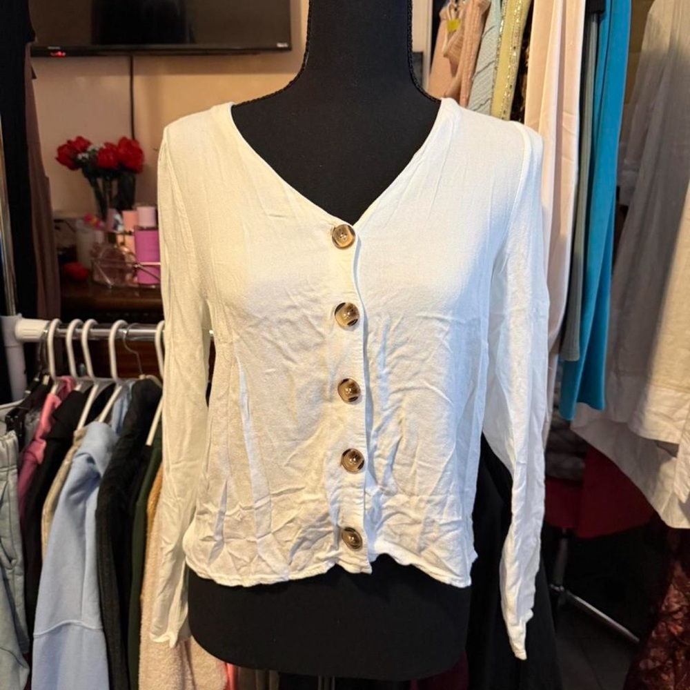 White Button-Up Long Sleeve Top